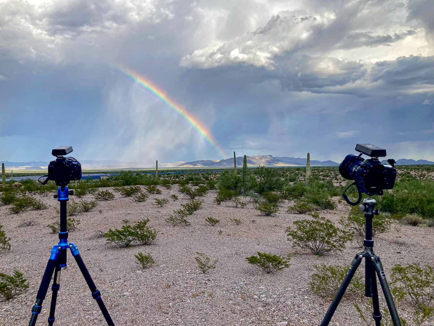 Image shows two cameras on tripods in the foreground, both pointed across a desert landscape toward a sunlit mountain range with a large rainbow arcing out of white and gray storm clouds.