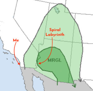 Image shows the outlines of the Western U.S. states. Over Arizona, Utah and parts of adjacent states, there is a green blob overlay indicating a chance of thunderstorms. In the center of the lighter green blob is a smaller, darker green blob over most of Southern Arizona with the letters "MRGL", short for "marginal chance of severe thunderstorms." Overlying the image are a red arrow pointing to a spot with the words "spiral labyrinth" and another arrow pointing to a different spot with the word "me."
