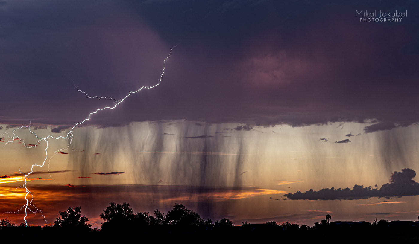 A bolt of lightning descends to the left of the frame from a purple and orange cloud at sunset. Purplish, backlit rain showers drop to the ground over a black silhouetted skyline of trees along the bottom of the photos