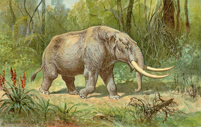 A painting of a mastodon walking through a forest.
