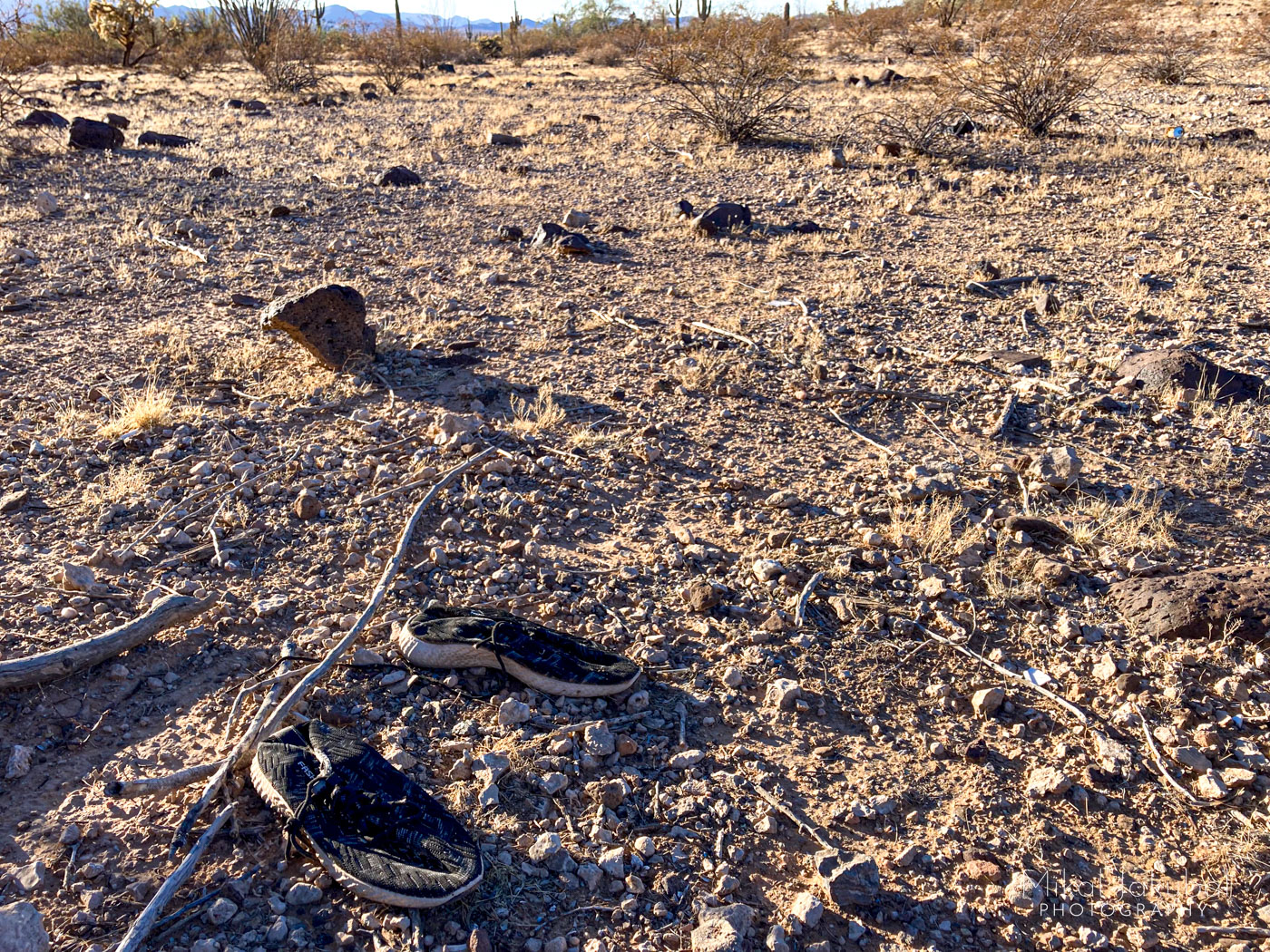 Two small black plaid cloth shoes sit next to each other on rocky soil with a desert landscape in the background. The brand visible in white letters on the outside is "fashion."